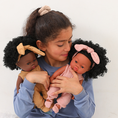14 inch 33cm herboren Afrikaanse rubber dolly met mosselen jumpsuits en boog hoofdbanden voor meisjes
